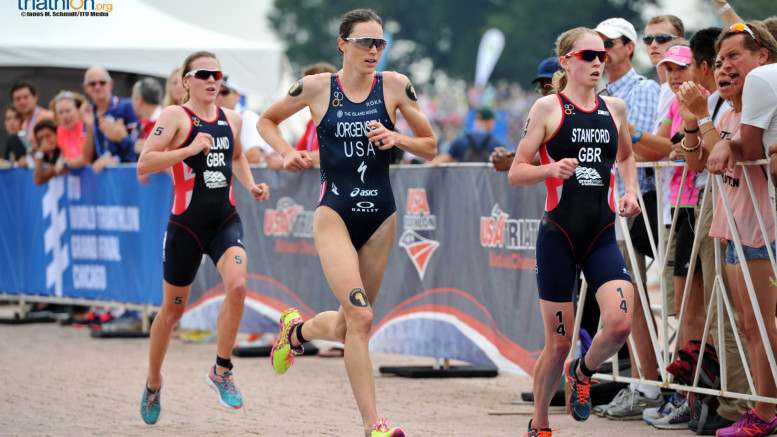 Gwen Jorgensen, Non Stanford, and Vicky Holland at ITU WTS Chicago 2015